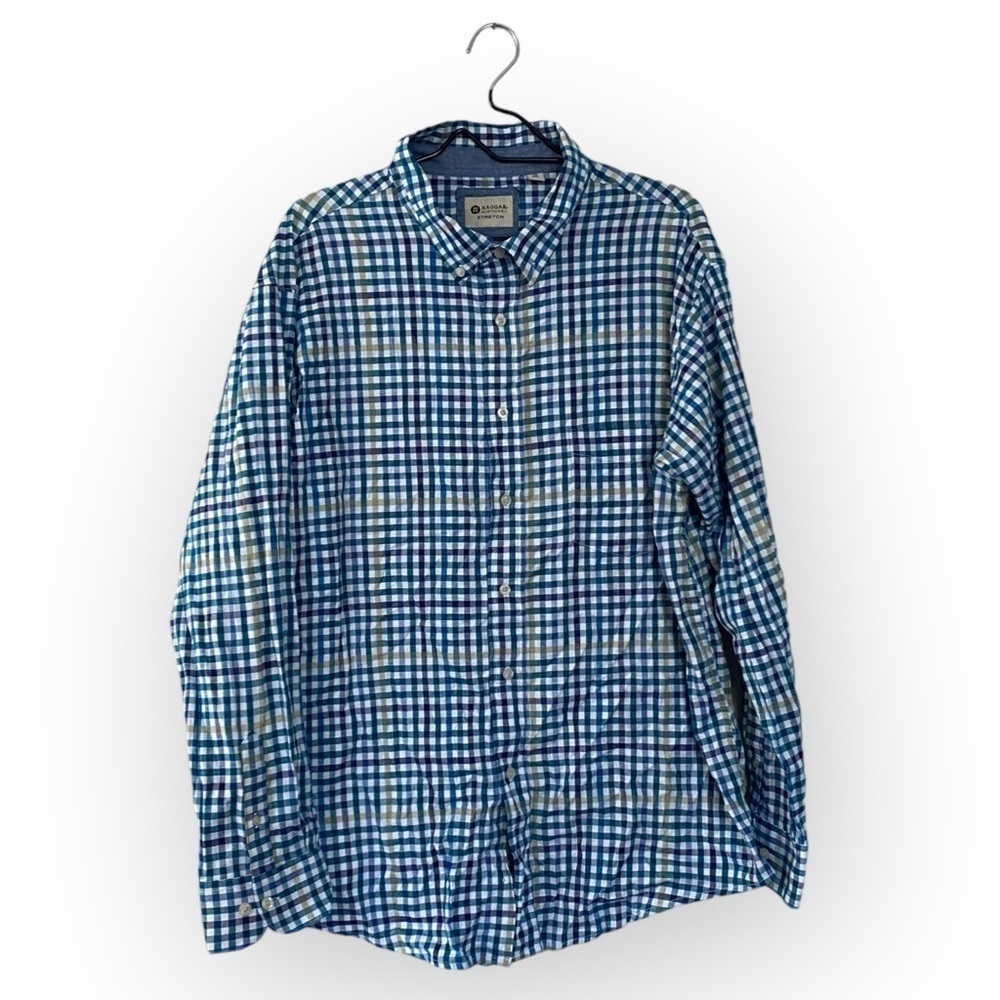Haggar Clothing Blue Plaid Casual Button Down Shirt Men’s Size XXL Stretch